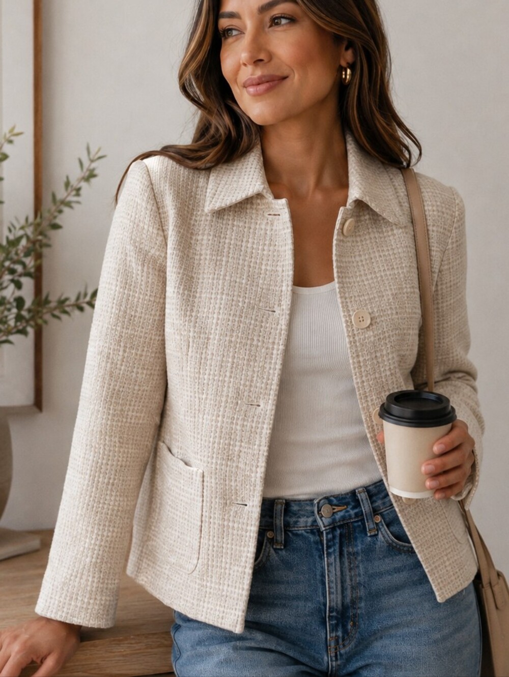 Cream Herringbone Blazer by Together